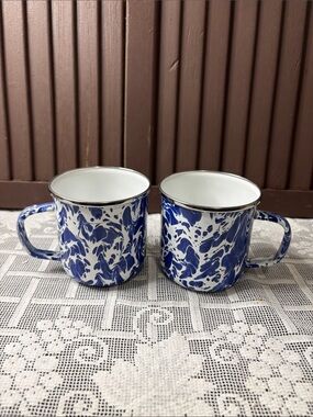 Golden Rabbit Enamelware 12oz Mugs Cobalt Blue Swirl Set of 2